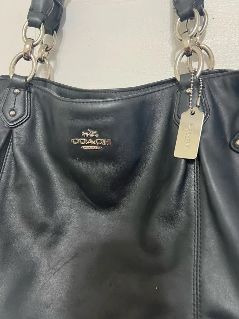 Coach Black Leather Tote with Silver-Tone Hardware